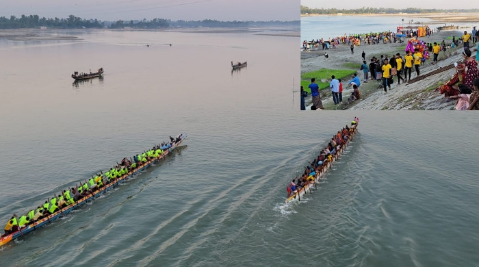 কুড়িগ্রামে ধরলা সেতুর তীরে ঐতিহ্যবাহী নৌকা বাইচ, দর্শকের উপচে পড়া ঢল