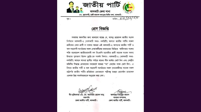 ঝালকাঠি-২ আসনে বিএনপি কে জাপার সমর্থন